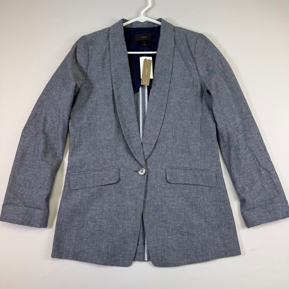 J.Crew Blazer Womens 2T Blue Cotton Linen Unstructured Chambray 1 Button Jacket